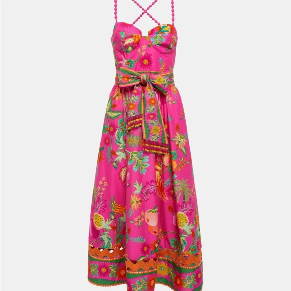 FARM Rio Pink Floral Printed Midi Dress with Green and Orange Accents - Picture 2 of 7